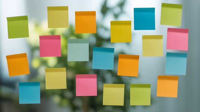 Colorful sticky notes scattered on a glass surface with blurred greenery background