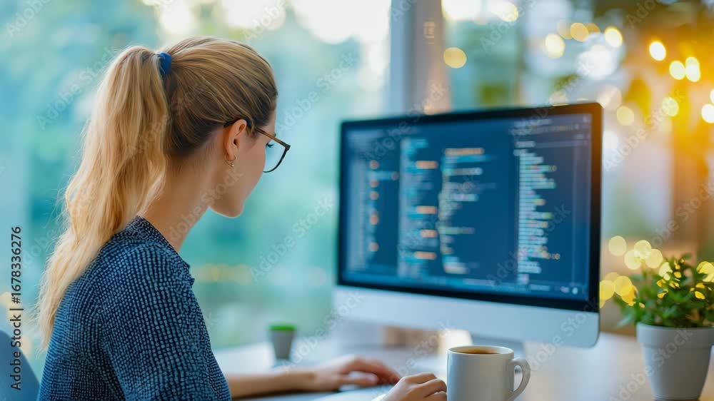 Poster young woman programmer and software developer coding on computer in modern office, focused, creative