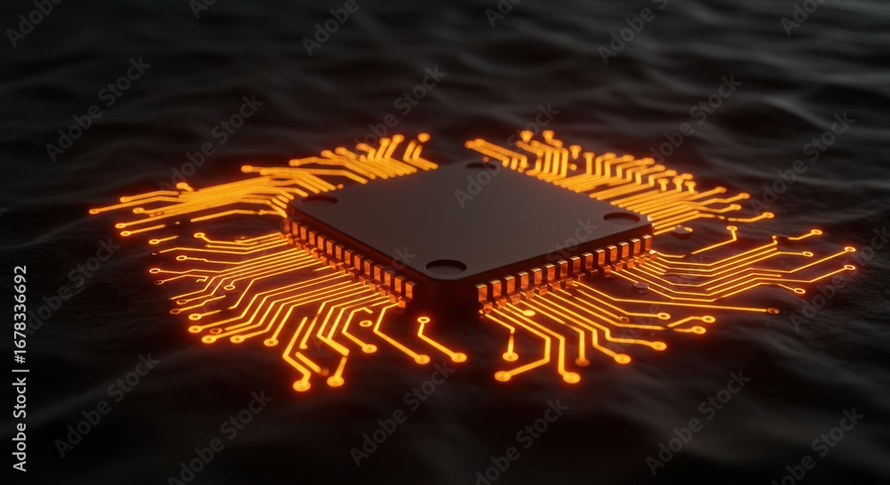 Fototapete a glowing computer chip with intricate circuit board patterns on a dark surface.