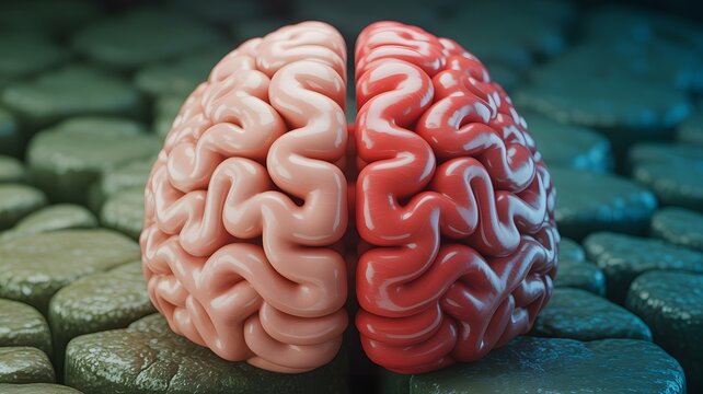 A vividly colored human brain model split into pink and red halves, resting on a bed of smooth stones.