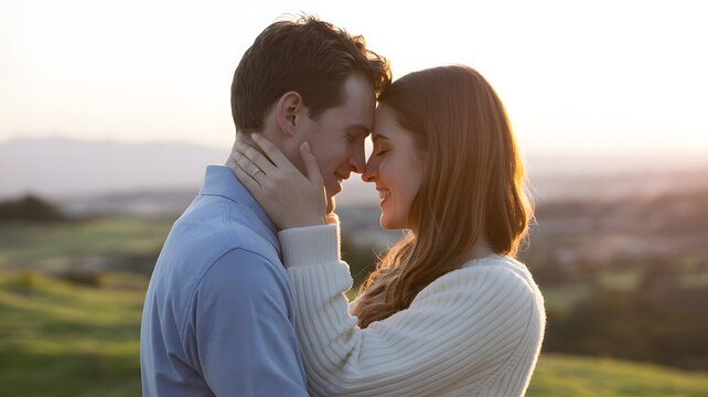 A tender moment between a couple sharing an intimate embrace against a serene sunset backdrop
