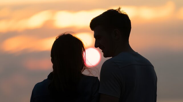 A couple shares an intimate moment, silhouetted against a warm, glowing sunset sky.