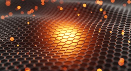 Abstract hexagonal lattice structure with glowing energy core and floating particles futuristic science concept