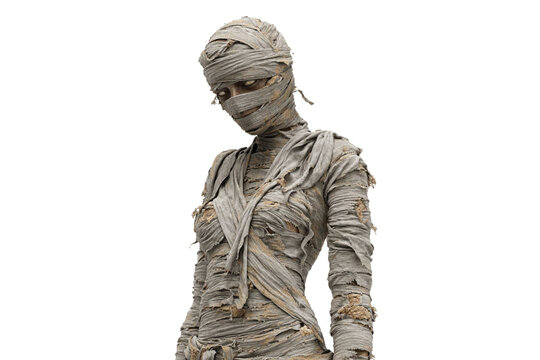 Human mummy with fabric bandages isolated white