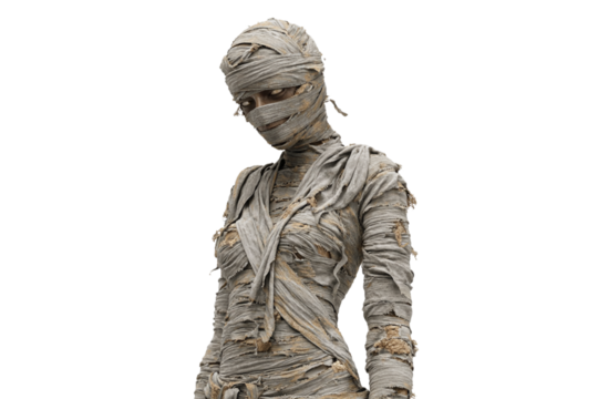 Human mummy with fabric bandages isolated white