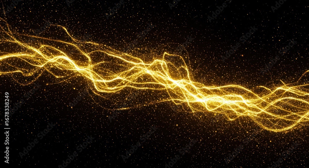 Poster golden glowing lines weave and sparkle against a dark, speckled background, creating an abstract, dy