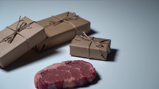 Raw Steak and Rustic Brown Gifts on White Background