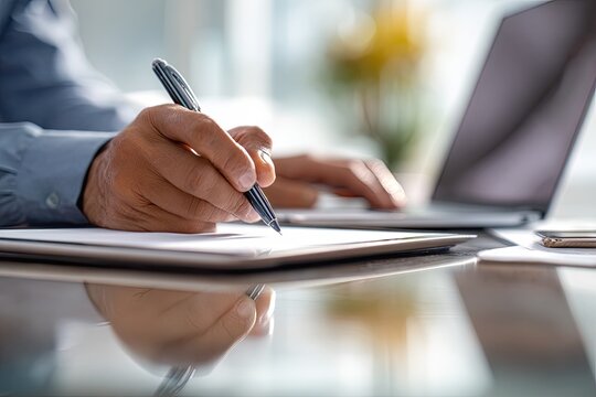 Close-up of hands writing on paper, near laptop and tablet