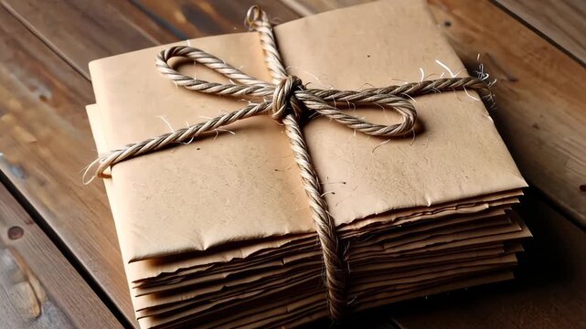 A Neatly Tied Stack of Vintage Envelopes on Wooden Table Showcasing Rustic Charm and Timeless Tradition in Simple Natural Tones