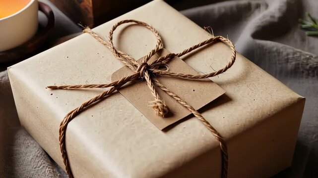 Carefully Wrapped Gift Box with Brown Paper and Twine Beside a Lit Candle on a Cozy Fabric Setting for an Intimate, Warm Ambiance