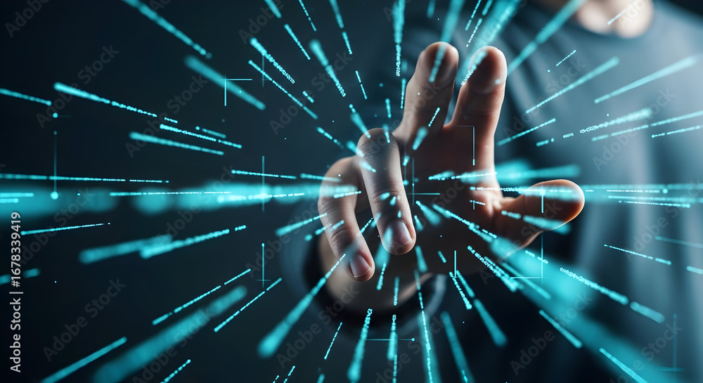Fototapete connecting to the digital world innovative technology futuristic interface data streams hand interac