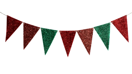 Red and green glitter bunting isolated on transparent background
