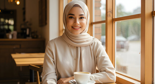 Smiling Muslim woman in hijab enjoys coffee break at cafe near window relaxing peaceful morning sunlight happy calm