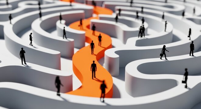 Business people navigate complex maze pathways symbolizing challenge success and strategic solutions for growth