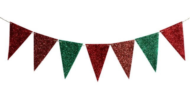 Red and green glitter bunting isolated on transparent background - Powered by Adobe