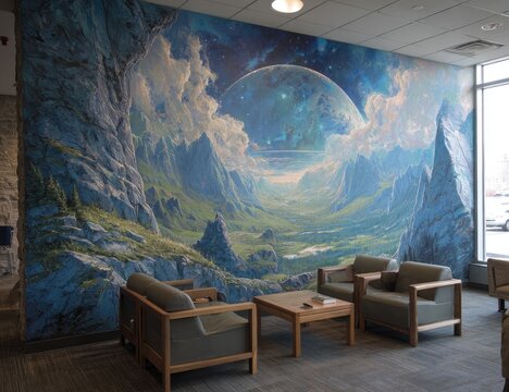 Vast landscape mural, a tranquil valley, mountains, and a celestial orb, with seating area
