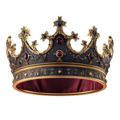 Ornate gold and dark crown with red lining and gemstones