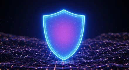 Glowing blue neon shield symbol floats above a digital network, representing security.