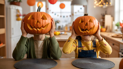 Two children holding carved pumpkins over their faces, celebrating halloween