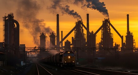 Obraz premium Freight train arriving at a massive steel plant, smoke rising from chimneys, glowing industrial atmosphere