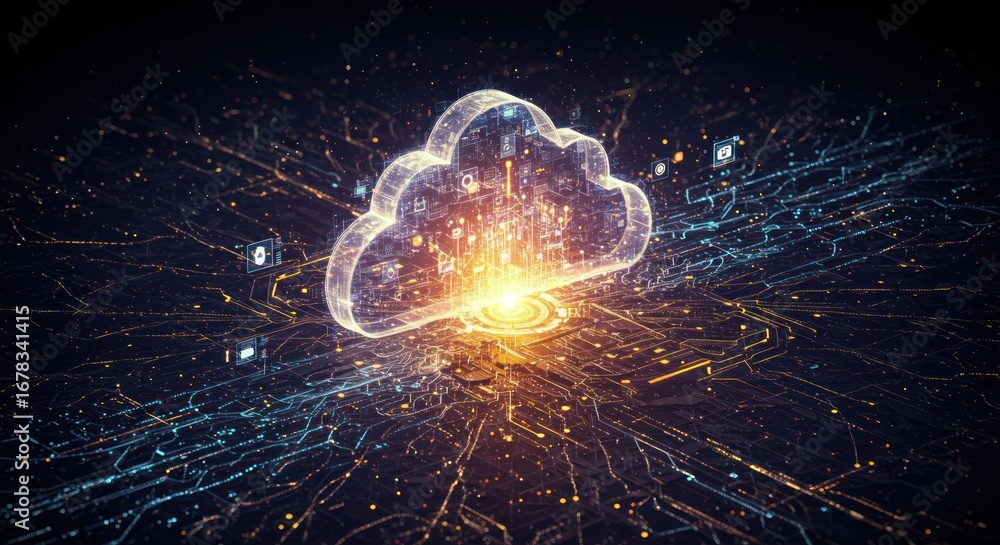 Aufkleber abstract digital cloud graphic with glowing circuitry and data streams.