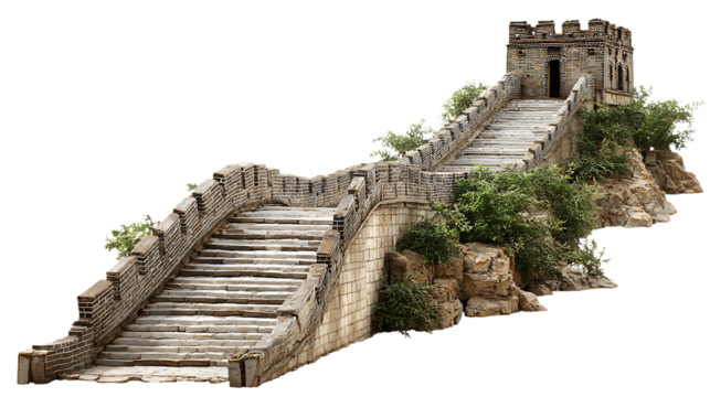 Ancient stone watchtower on the great wall of china isolated on transparent background
