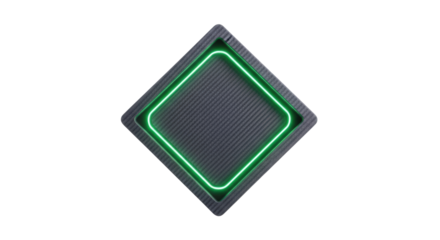 A sleek, sharp-edged diamond-shaped frame of charcoal gray matte carbon fiber with glowing emerald green LED strips, isolated on transparent background, concept of futuristic data interface