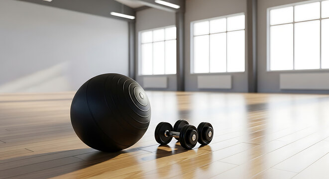 Stunning gym setup with black exercise ball and dumbbells on polished wooden floor, ready for intense workout