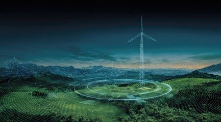 Wind turbine over a meadow, digital overlay