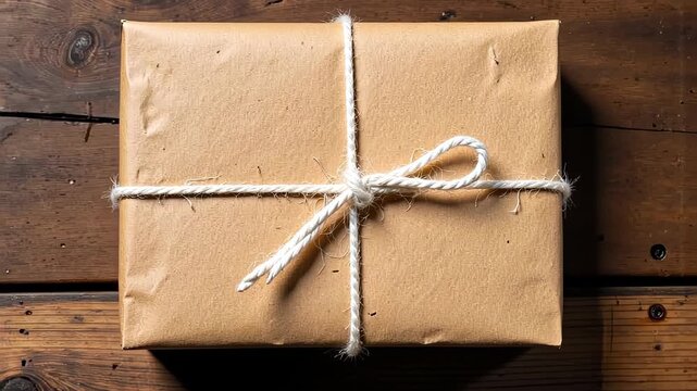 Rustic Brown Paper Package Wrapped with Twine on Hardwood Table Capturing Vintage Charm and Minimalist Beauty