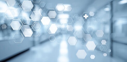 Abstract medical interior with hexagonal graphic overlays