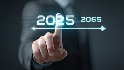 A hand in a dark suit touches a futuristic projection of the years 2025 and 2065