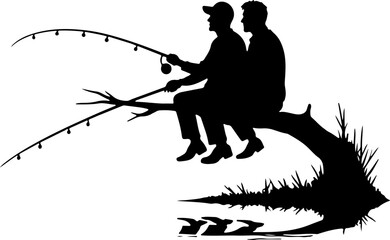Two fisherman silhouette are sitting on the river branches on the river 