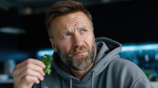 man with a beard and casual attire thoughtfully examines a piece of fresh herb in a well-lit kitchen. Natural light enhances the modern decor and culinary setting