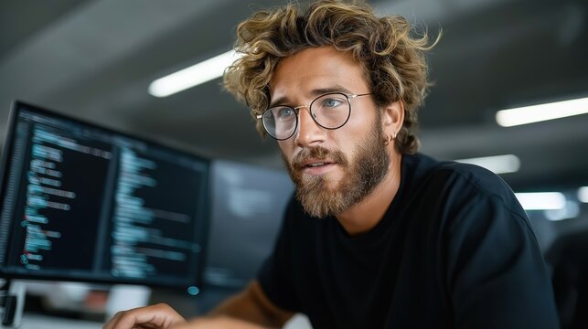 young man with curly hair and glasses intently codes on a computer at a contemporary workspace, surrounded by multiple monitors displaying programming text