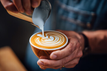 Close-up of a barista pouring milk to create latte art in coffee cup.