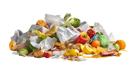 Heap of food waste and packaging isolated on transparent background