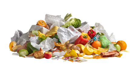 Heap of food waste and packaging isolated on transparent background