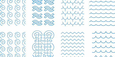 Collection of blue line art wave patterns and abstract water symbols on a white background
