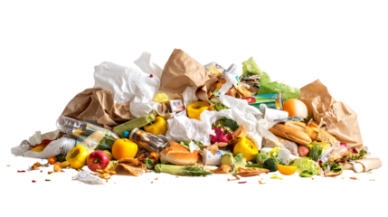 Pile of food waste and trash isolated on transparent background