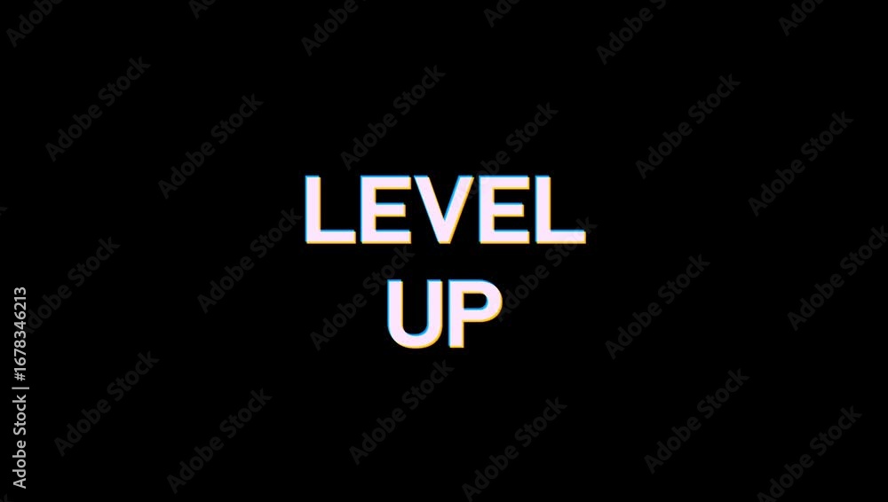 Poster level up - animation of message with glitch. cyberpunk, technology text. damaged, distorted signal e