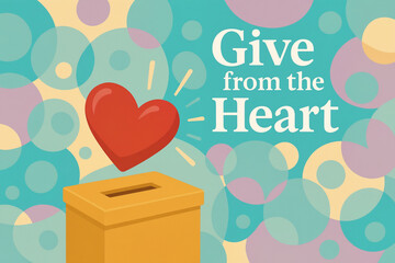 Red heart above a golden donation box with the phrase 'Give from the Heart' on a colorful background filled with soft circular shapes.
