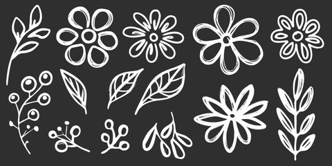 Collection of hand drawn white floral elements and leaves on a dark background
