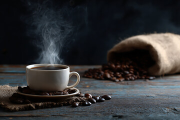 Steaming black coffee with loose beans on a worn wooden surface.