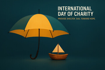 Yellow umbrella beside a small wooden sailboat with text promoting International Day of Charity on a teal background.