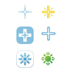 Vector collection of cross and plus sign logo concepts for branding. This set of graphic design elements includes sun, medical, and snowflake icons