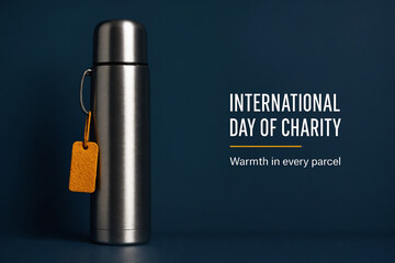 Stainless steel thermos with yellow tag on dark background. International Day of Charity design promoting warmth in every parcel and kindness.