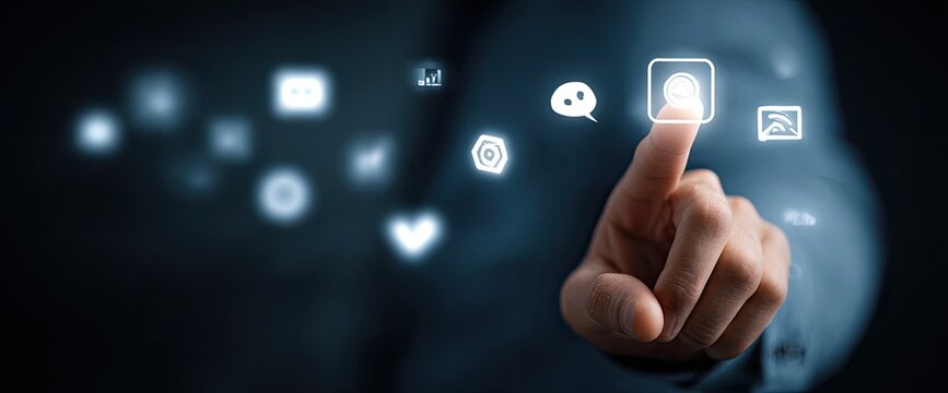 A person's finger touches a glowing profile icon, surrounded by other glowing digital interface icons