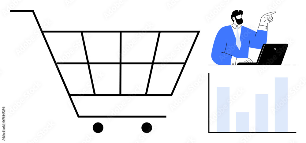 Aufkleber shopping cart next to a professional analyzing data on a laptop and pointing at charts. ideal for ec