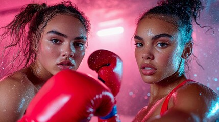 Two female boxers in red and blue gloves exchange jabs under neon lights, sweat flying